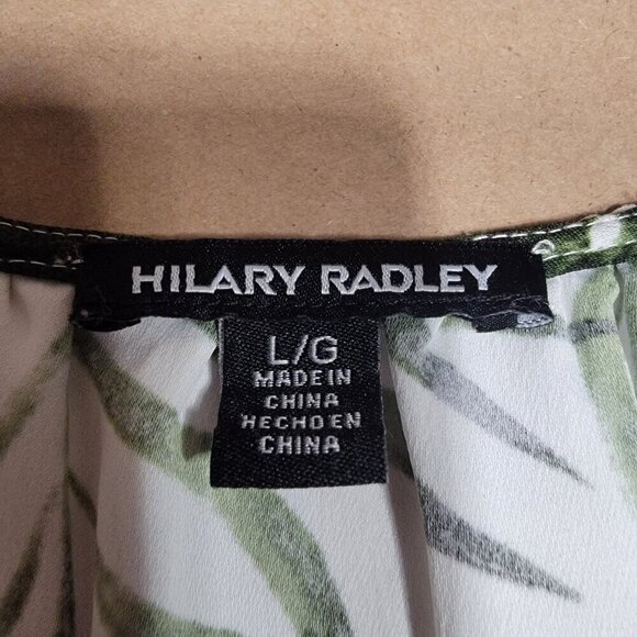 Hilary Radley Size L White with Green Palm Leaf Pattern V Neck Blouse - Picture 11 of 12